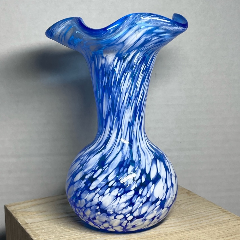 Hand-Blown Art Glass Vase, blue and white splatter design